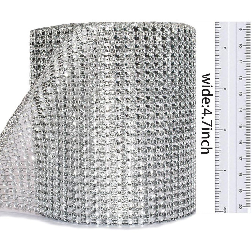 Plastic Bling Rhinestone Diamond Mesh Ribbon Wrap Silver Acrylic Wrap  for Wedding Cake Vase Decorations Party Supplies 60Ft