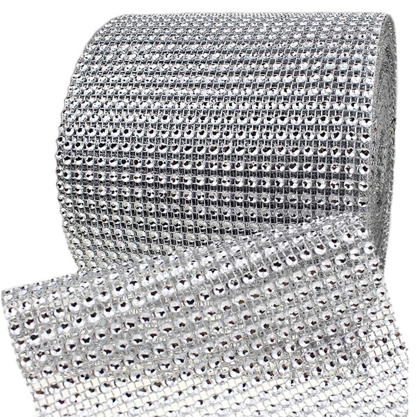 Plastic Bling Rhinestone Diamond Mesh Ribbon Wrap Silver Acrylic Wrap  for Wedding Cake Vase Decorations Party Supplies 60Ft