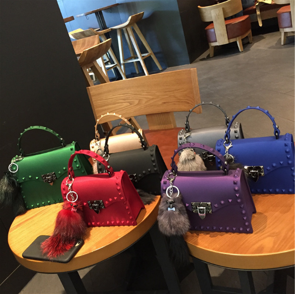 new design large capacity rivet handbag wholesale  pvc jelly rivet ladies bag solid color fashion women handbags