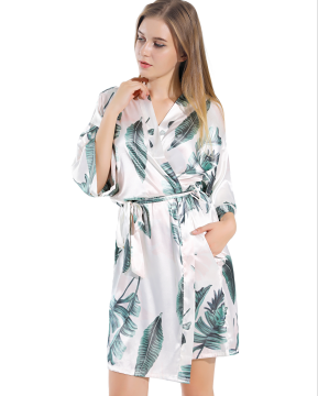 Oxford New Style  Women's Satin Kimono Green  Leaves Big  Pocket Bride and Bridesmaid Robe