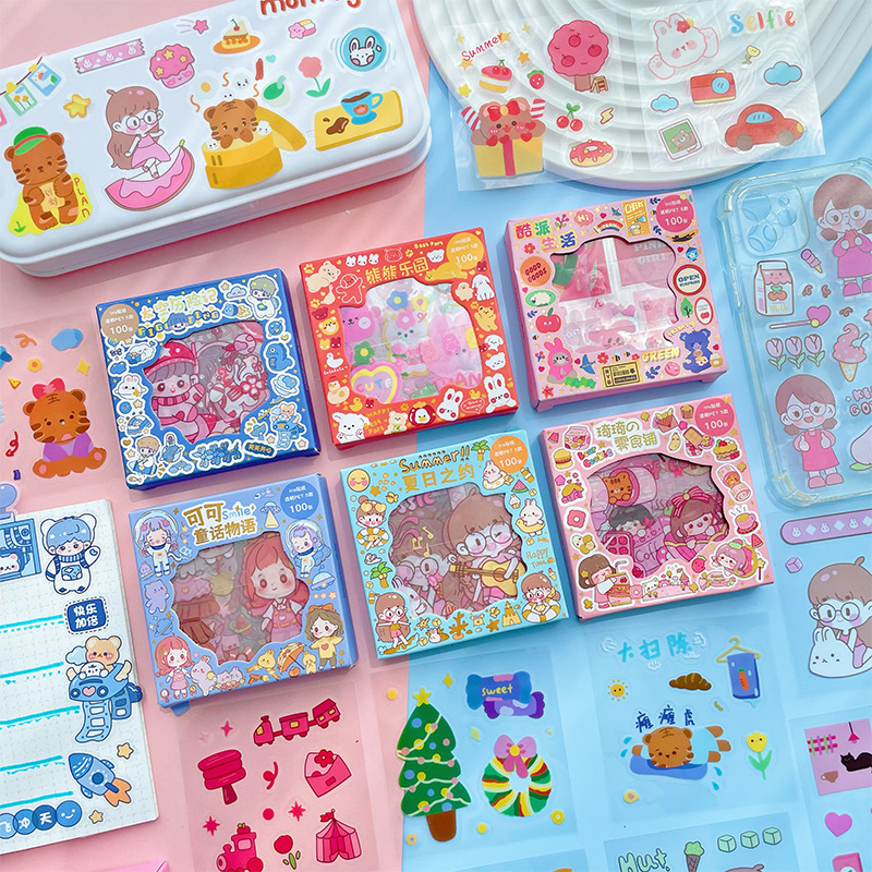 New 100sheets Cute Cartoon Stickers Sheet Custom Decorative Sticker & decals Gift Box Set Kawaii Girl Stationery Stickers for Ki