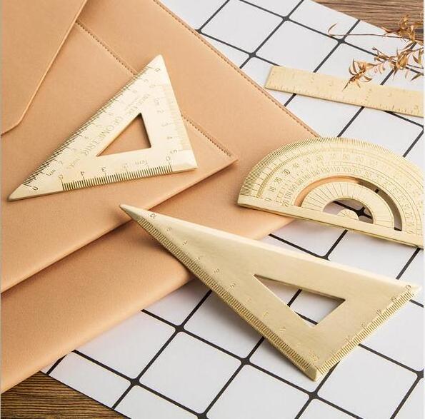 Thick Gold Copper/Brass Scale Ruler Metal Triangle Rulers Custom Logo Triangular Ruler 360 degree Angel Protractor