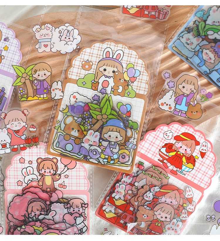 28 Sheets PET DIY Transparent Waterproof Stickers Cute Cartoon Stationery Decorative Stickers for Planners Scrapbook