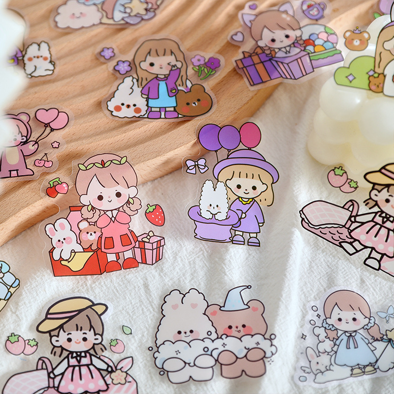 28 Sheets PET DIY Transparent Waterproof Stickers Cute Cartoon Stationery Decorative Stickers for Planners Scrapbook