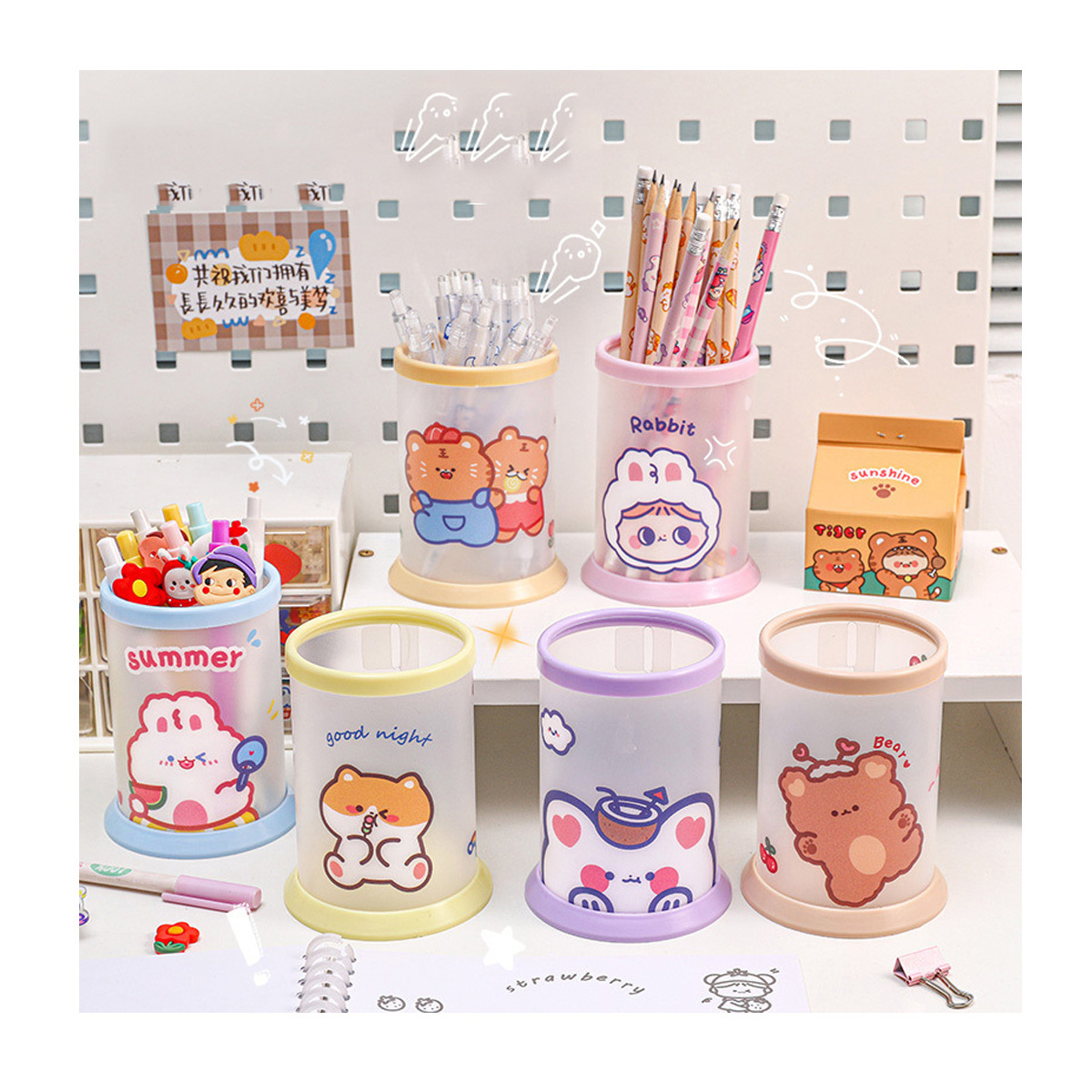 New Products Folding Plastic Office Cute Cartoon Pen Holder Storage Desk PP Pencil Holder Office Organizer Assemble Stationery