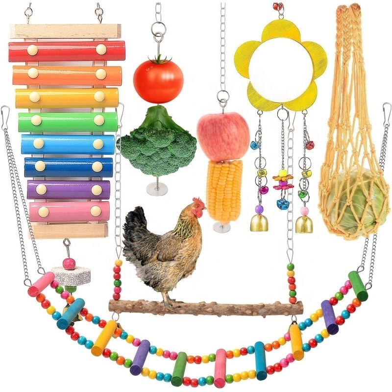 Hot Sale 8pcs Pet chicken parrot bird toy set ladder swing Chicken Coop Toys with Swing Xylophone Mirror for Hens Bird Parro