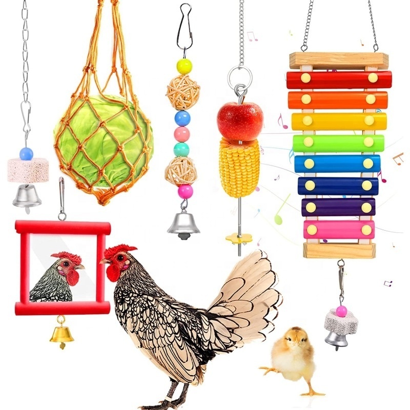 Hot Sale 8pcs Pet chicken parrot bird toy set ladder swing Chicken Coop Toys with Swing Xylophone Mirror for Hens Bird Parro