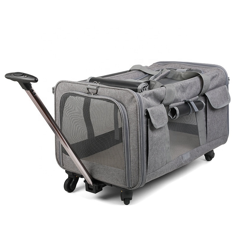 Double Portable Pet Travel Bag With Mesh Windows wheels Pet Trolley Dog Cat pet carriers & travel products with Wheels