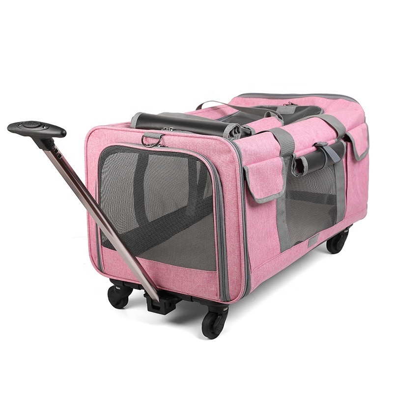 Double Portable Pet Travel Bag With Mesh Windows wheels Pet Trolley Dog Cat pet carriers & travel products with Wheels