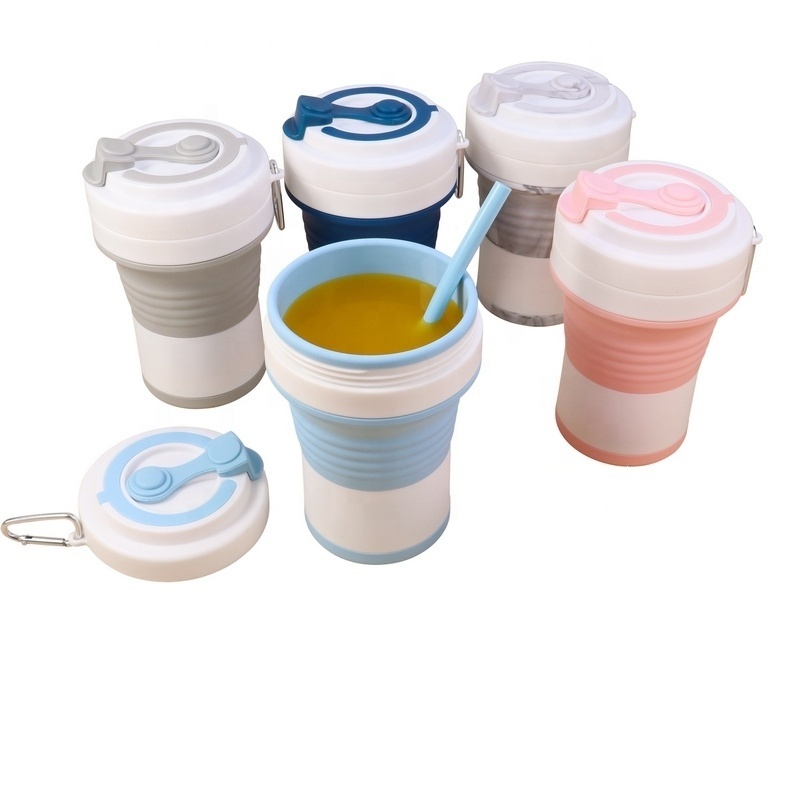 Custom Traveling Cup 550ML Portable Reusable Silicon Folding Collapsible Cup Silicone Travel Coffee Cups Mug with Lid and Straw