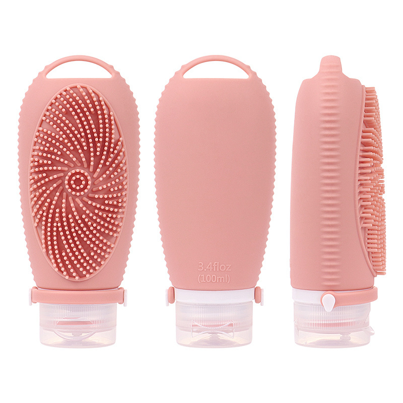 100 ML Portable Reusable Silicone Travel Shampoo Bottle Squeeze Lotion Cosmetic Liquid Body Case On-The-Go Storage with Brush