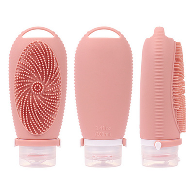 100 ML Portable Reusable Silicone Travel Shampoo Bottle Squeeze Lotion Cosmetic Liquid Body Case On-The-Go Storage with Brush