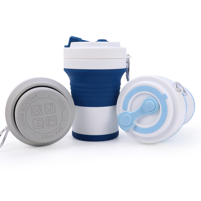 Custom Traveling Cup 550ML Portable Reusable Silicon Folding Collapsible Cup Silicone Travel Coffee Cups Mug with Lid and Straw