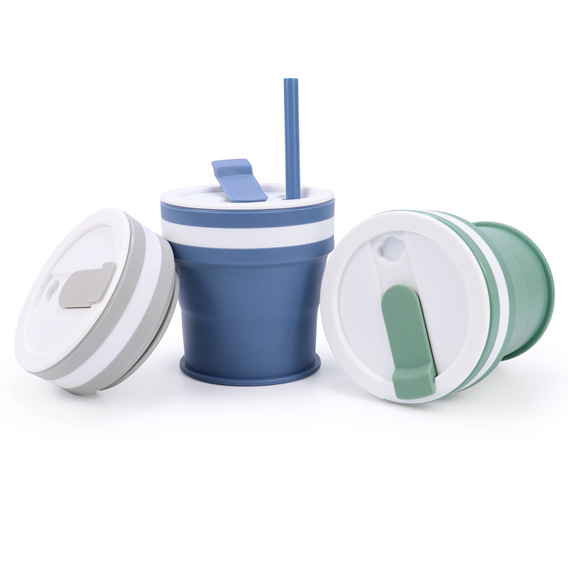 Eco Friendly Portable Silicone Foldable Mug Folding Collapsible Reusable Travel Water Cup Coffee Cola Mug with Lid and Straw