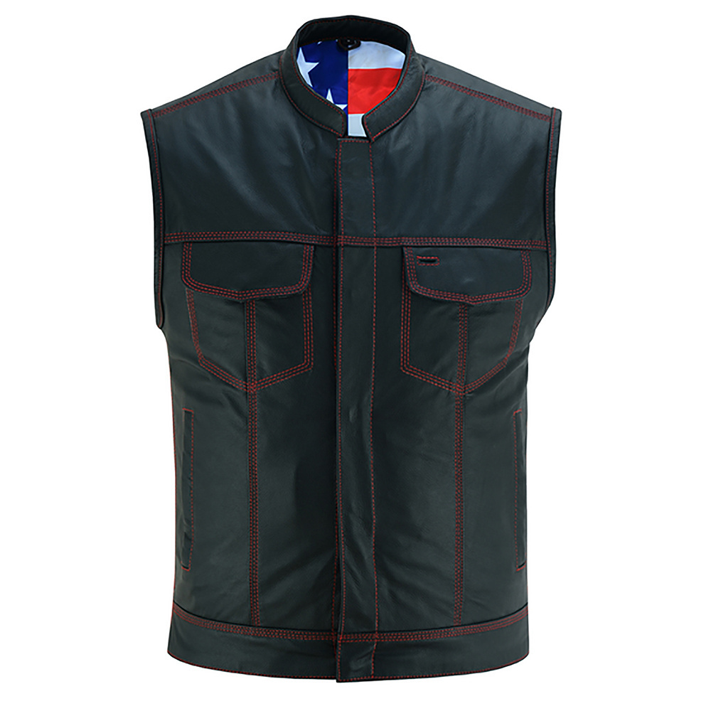 Hexa Gear men's leather vest with red stitching, USA flag lining, and scoop collar classic biker vests