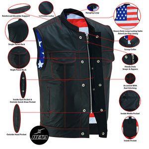 Hexa Gear men's leather vest with red stitching, USA flag lining, and scoop collar classic biker vests