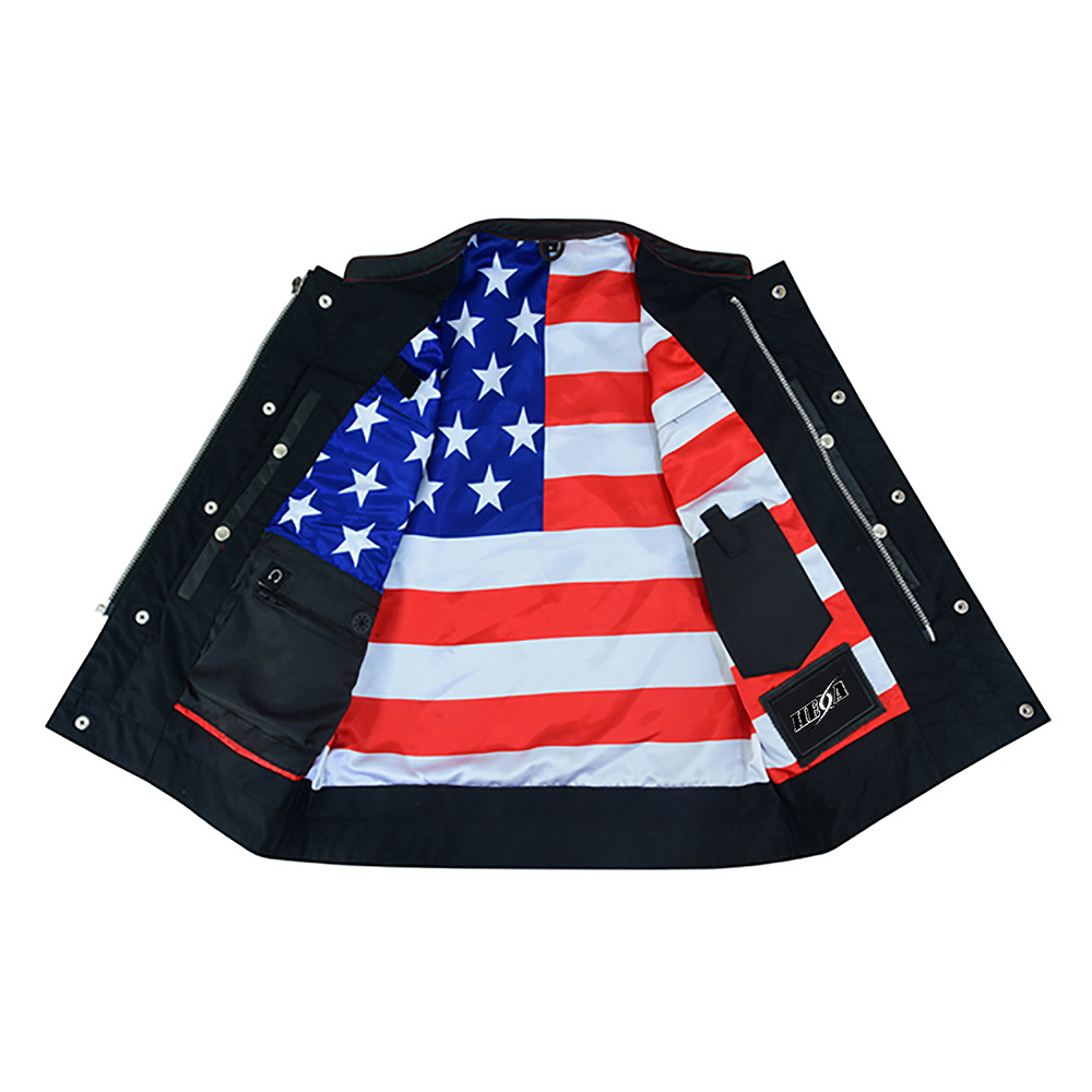 Hexa Gear men's leather vest with red stitching, USA flag lining, and scoop collar classic biker vests