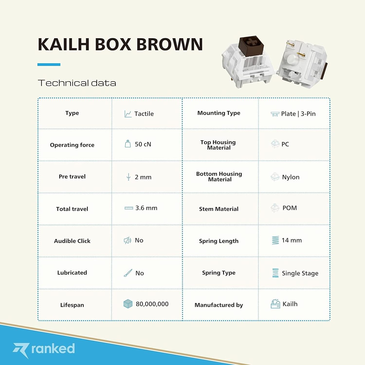 Mechanical Switches Brown Kailh Box Switches 3 pin Tactile 50g Switches Hot Swap Waterproof