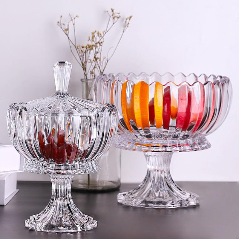 235mm high round high foot clear ridge crystal glass fruit plate with glass lid