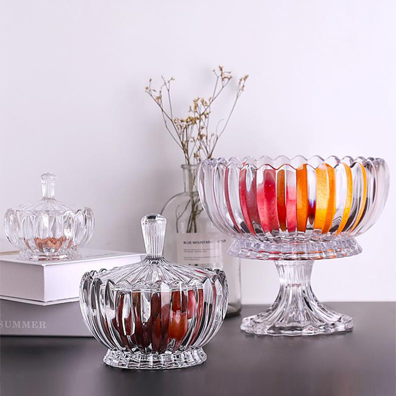 235mm high round high foot clear ridge crystal glass fruit plate with glass lid