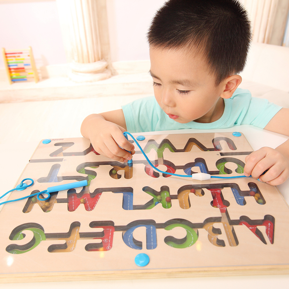 ABC Letter Pen Driving Beads Wooden Alphabet Magnetic Maze Board