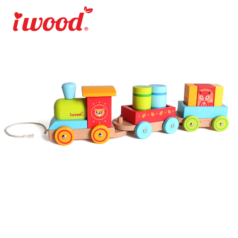 Iwood Series Kids Montessori Toys Craft Building Block Wooden Train