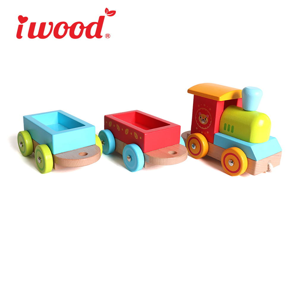 Iwood Series Kids Montessori Toys Craft Building Block Wooden Train