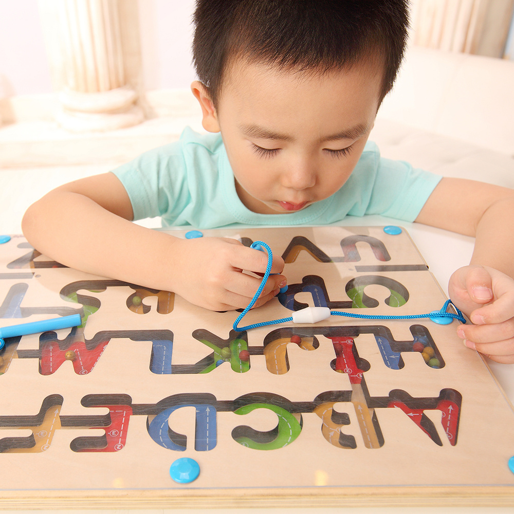 ABC Letter Pen Driving Beads Wooden Alphabet Magnetic Maze Board