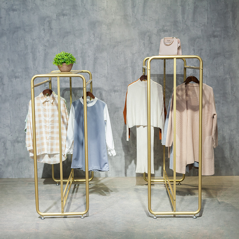 Custom Boutique Gold Garment Rack Floor Standing Clothing Shop Stainless Steel Square Metal Hanging Clothes Display Rack