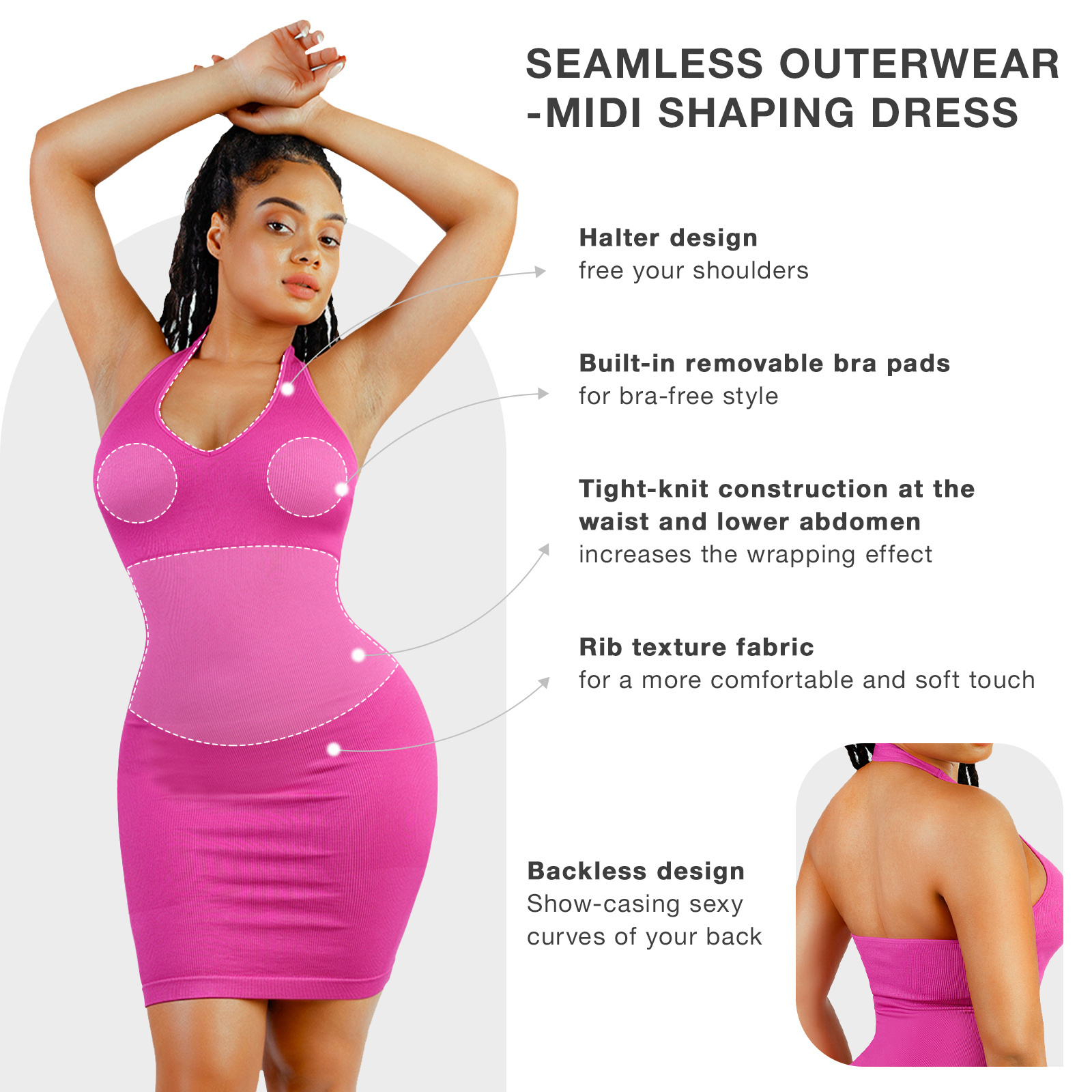 Hexin Wholesale Halter Neck Deep U Seamless Listing Elastic Knit Shapewear Dress  Tummy Trimmer Bodycon Dress For Women
