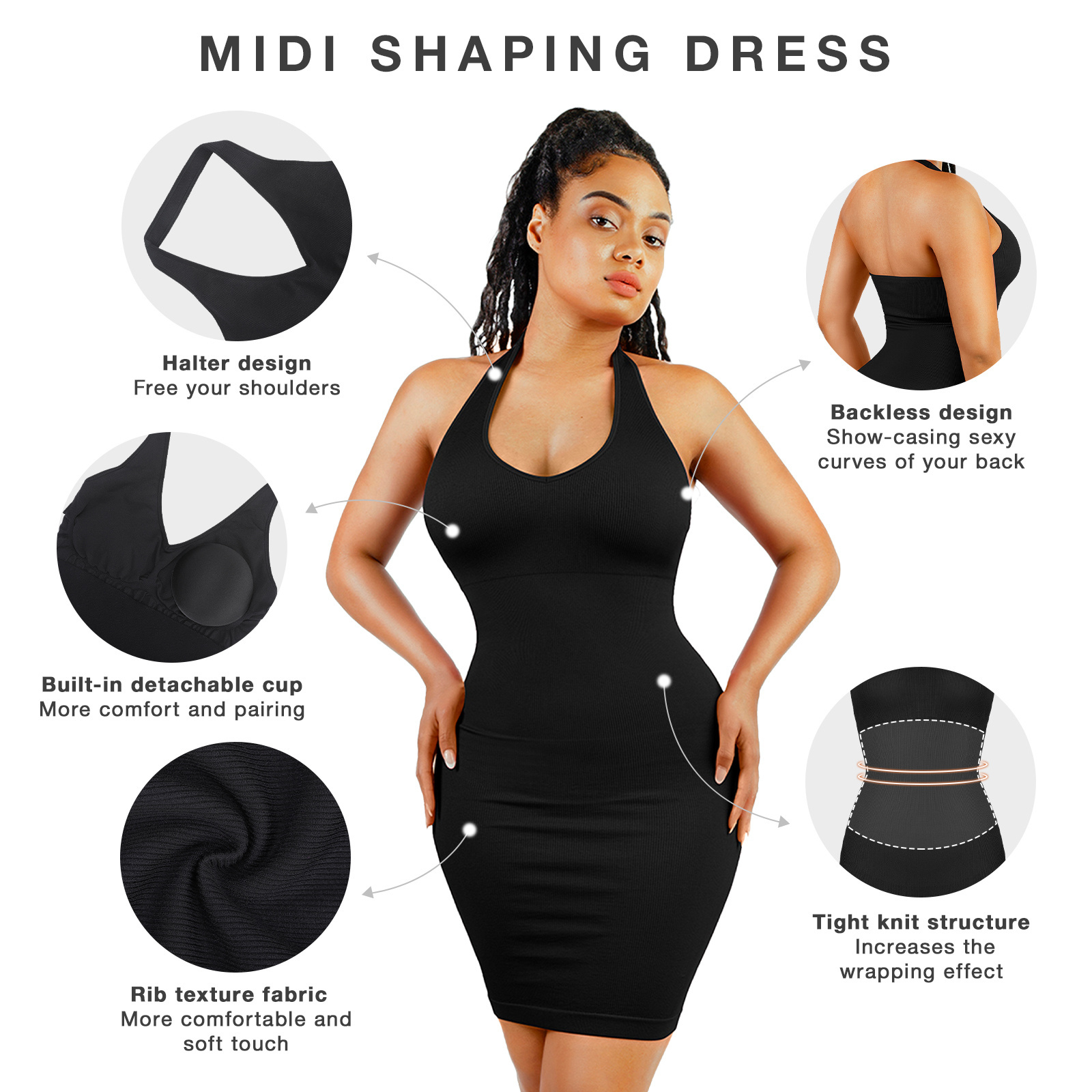 Hexin Wholesale Halter Neck Deep U Seamless Listing Elastic Knit Shapewear Dress Tummy Trimmer Bodycon Dress For Women