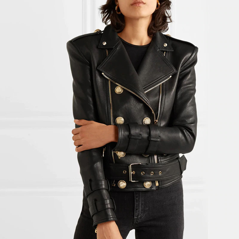 Autumn Winter Faux Soft Leather Jacket Women Zipper Basic Coat Turn-down Collar Motor Biker Rivet Jacket with Belt Overcoat