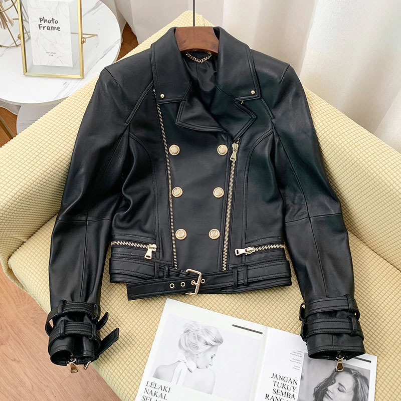 Autumn Winter Faux Soft Leather Jacket Women Zipper Basic Coat Turn-down Collar Motor Biker Rivet Jacket with Belt Overcoat