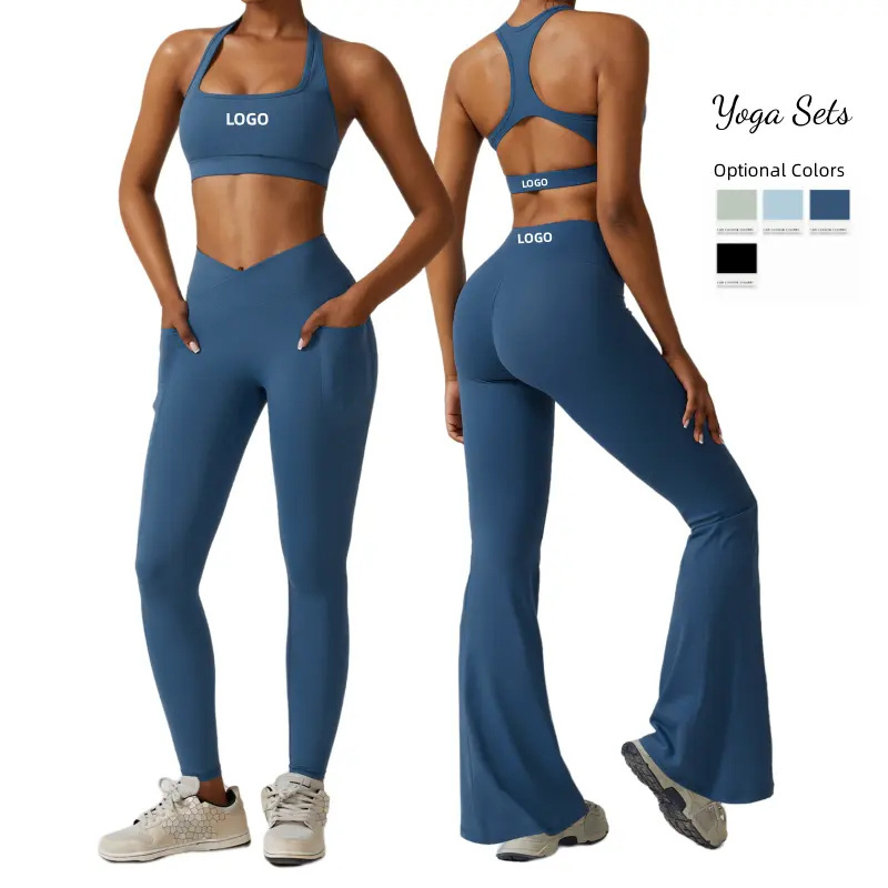 2023 European American Quick Dry Beauty Back Tracksuit Pockets Tight Running Fitness Two Pieces Women Nude Breathable Yoga Sets