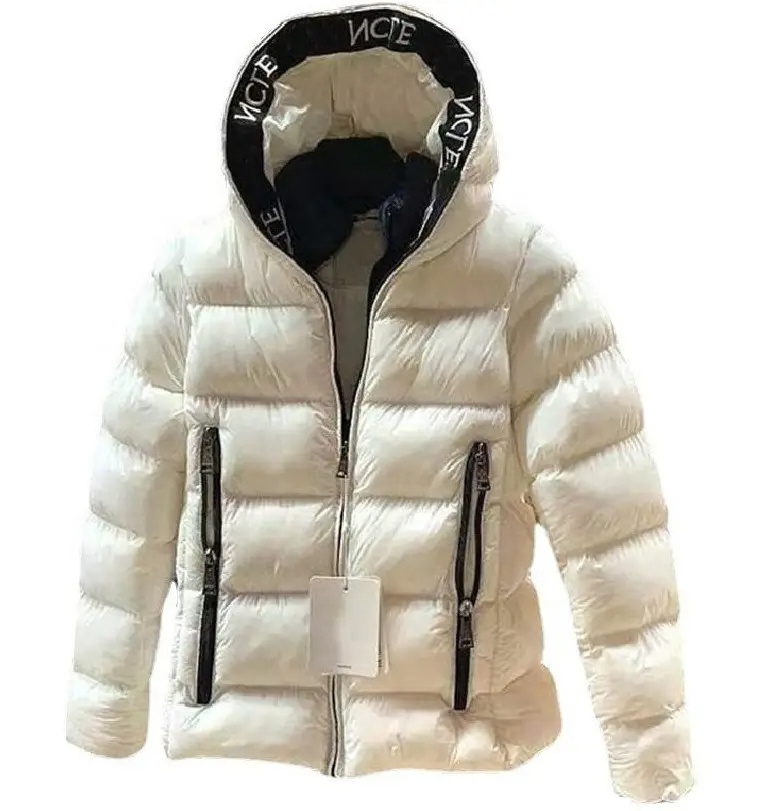 Hot Sale Men puffer jacket Hooded Winter Bubble Puffer Down Coat latest design 2024  white panel letter printing