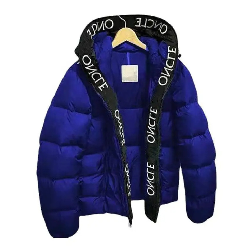 Hot Sale Men puffer jacket Hooded Winter Bubble Puffer Down Coat latest design 2024  white panel letter printing