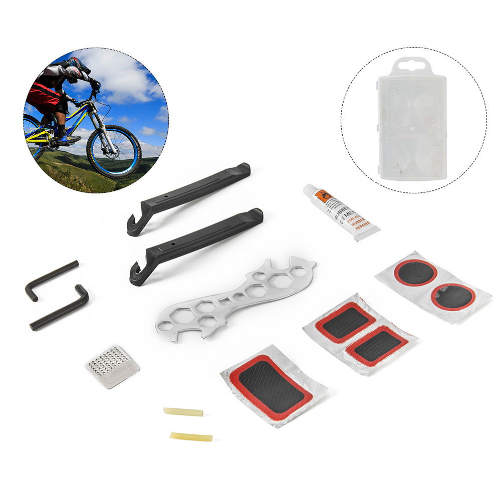 2pcs tyre levers and 2pcs hex key and 5pcs vulcanizing patches and 1pc vulcanizing fluid bicycle bike repair tool kit set