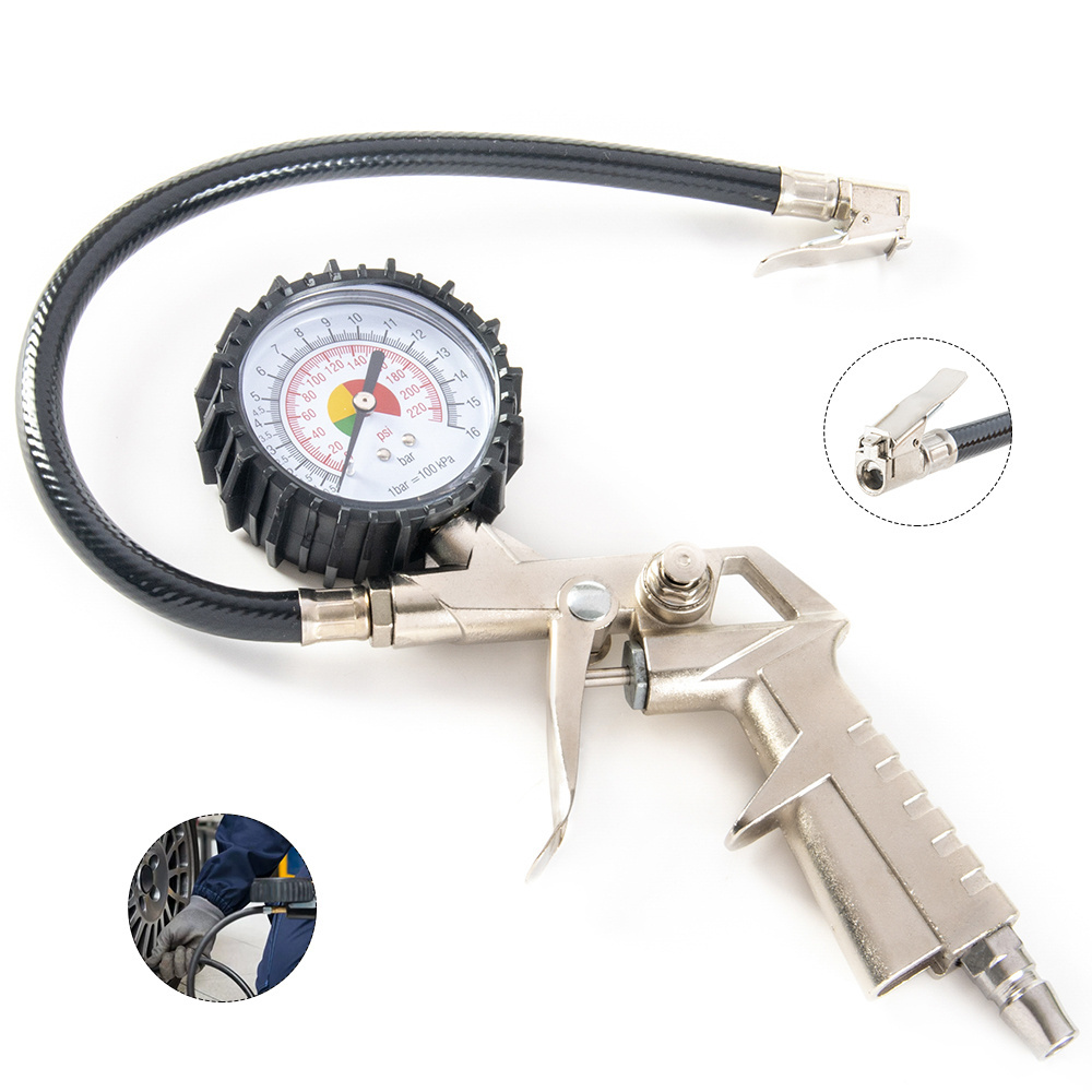 Heavy duty portable mini car accessories air compressor brass hose accurate air tire pressure gauge gun dial tire tyre inflator