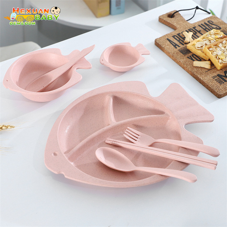 7Pcs Wheat Straw Fiber children's Tableware Sets Baby Cute Bowl Set With Cutlery Set and Cup For Kids