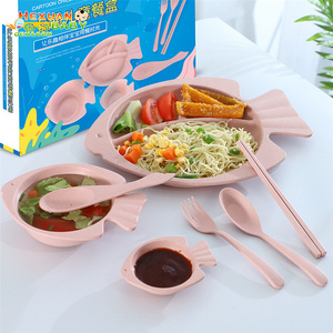 7Pcs Wheat Straw Fiber children's Tableware Sets Baby Cute Bowl Set With Cutlery Set and Cup For Kids