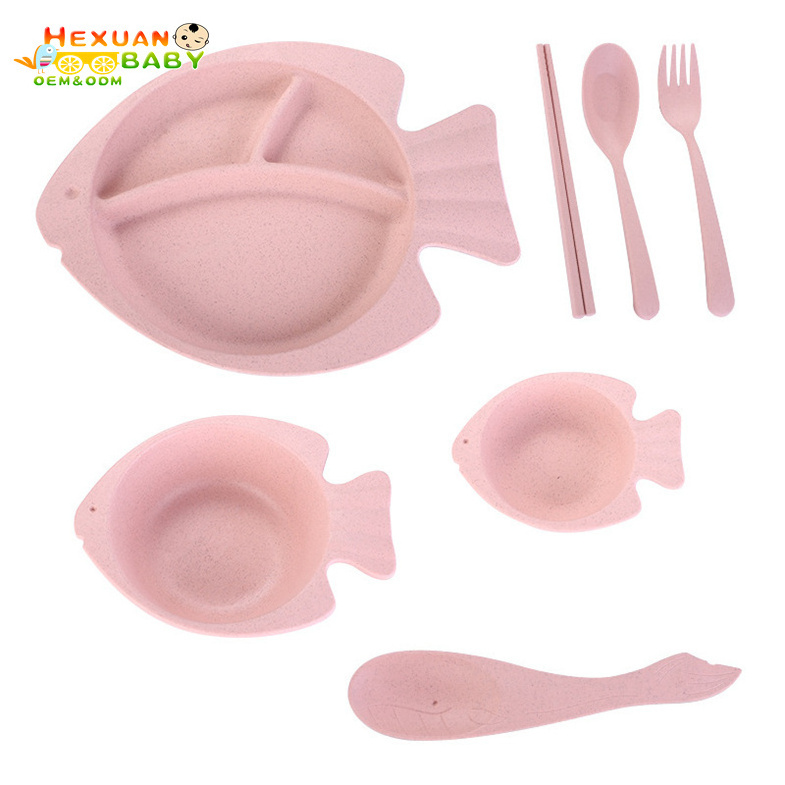 7Pcs Wheat Straw Fiber children's Tableware Sets Baby Cute Bowl Set With Cutlery Set and Cup For Kids