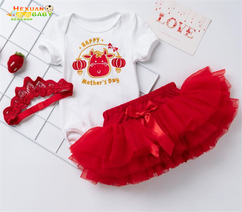 Wholesale Baby Girl Summer Short Sleeve Romper+Tutu Skirt+Headband Little Kids 3 Pcs Sets