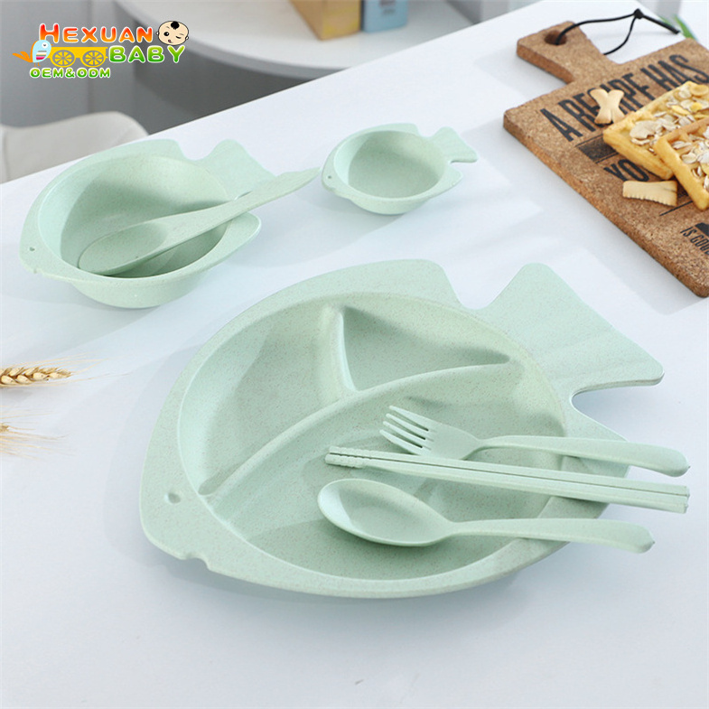 7Pcs Wheat Straw Fiber children's Tableware Sets Baby Cute Bowl Set With Cutlery Set and Cup For Kids