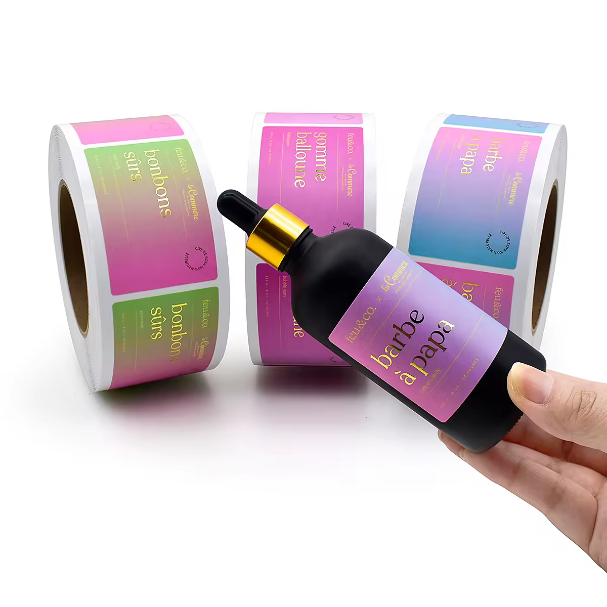 Customised Adhesive Sticker Printing Die Cut Gold Hot Stamping Film Vinyl PET Waterproof Transparent Embossed Label For Bottles