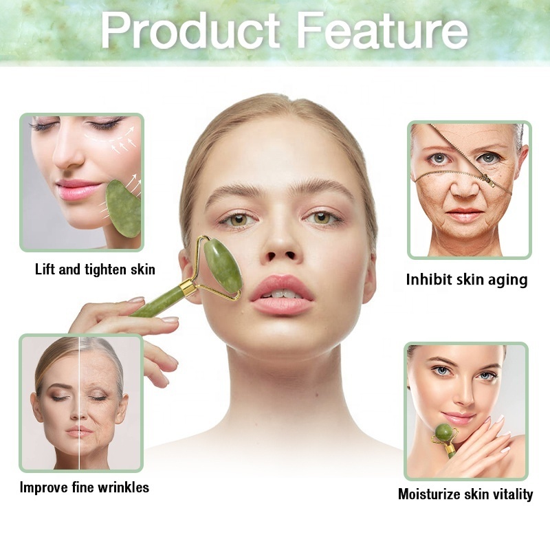 HEYAMO Custom Skin Care Tools Facial Face Roller Natural Guasha Green Jade Face Massager Real Xiuyan Gua Sha Jade Roller Set