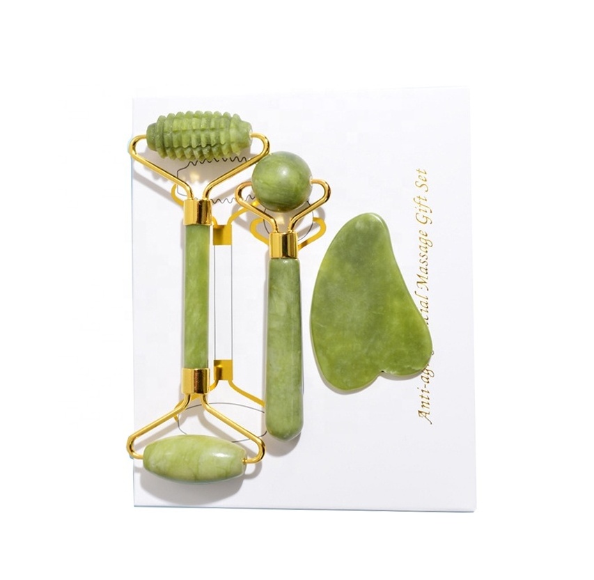 HEYAMO Custom Skin Care Tools Facial Face Roller Natural Guasha Green Jade Face Massager Real Xiuyan Gua Sha Jade Roller Set