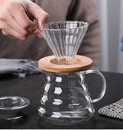 Glass Coffee Filter Glass Pour Over Coffee Cone with Bamboo Stand Drip Coffee Maker Funnel Accessories for Home or Office