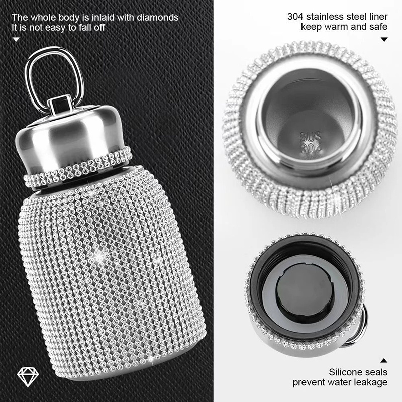 Diamond Water Bottle Rhinestone Stainless Steel Bling Vacuum Flask Refillable Insulated Thermal Bottle with Chain Glitter Water