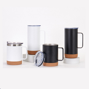 Cork Bottom Travel Mug with Handle Coffee Cups 12oz 16oz Reusable Sustainable Tumbler Wooden Stainless Steel Two Wall Insulated