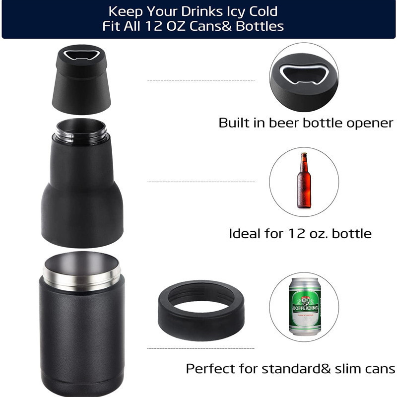 12oz Stainless Steel 3 in 1 double wall vacuum insulated beer can cooler wine & beverage  And Bottle Cooler with opener